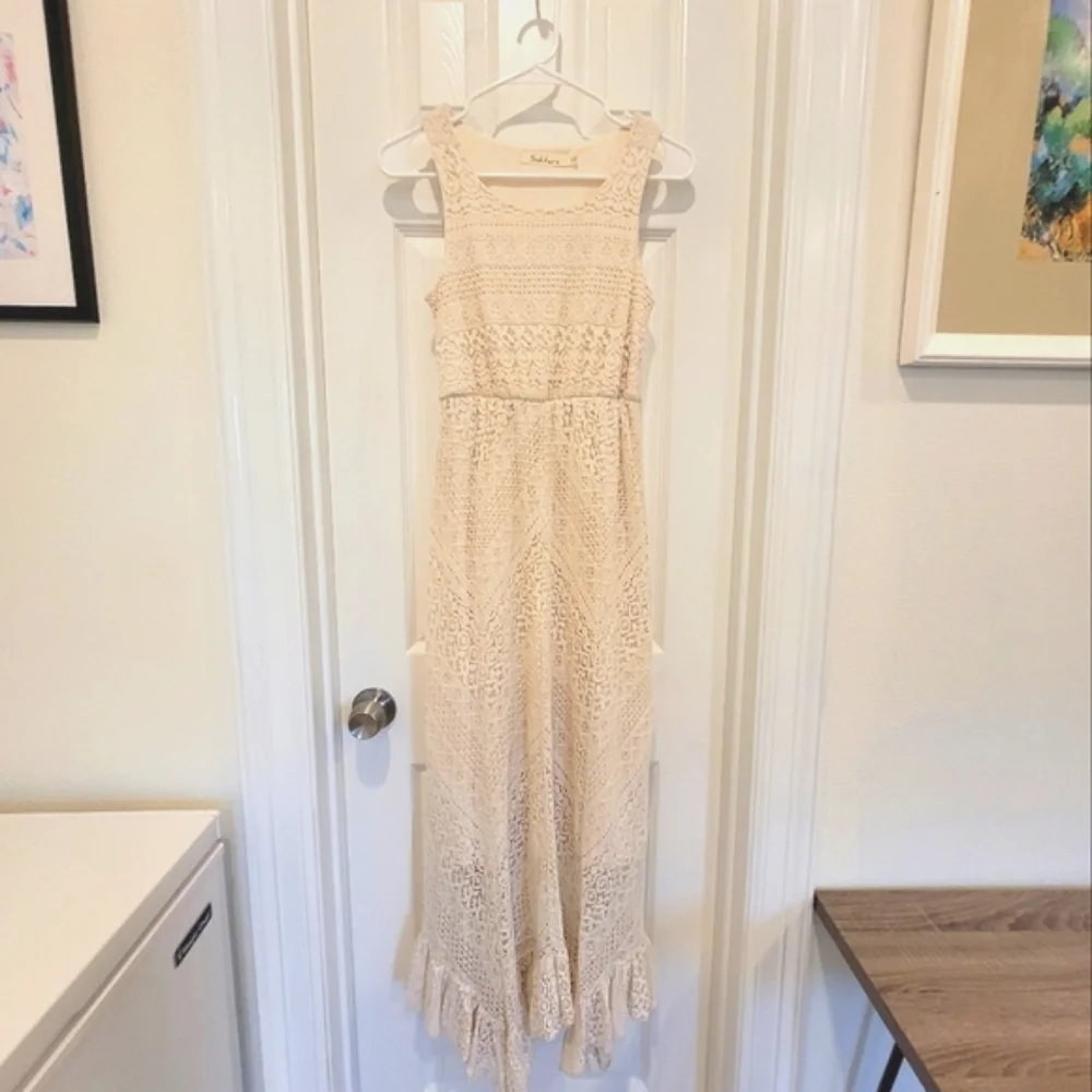Ivory Lace Allover Sleeveless Chevron Garden Party grandma column dress Size XS